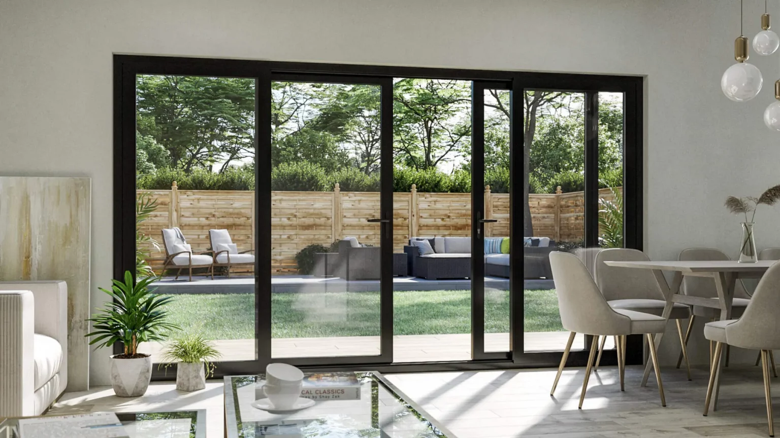 black aluminium sliding patio door leading out onto a patio